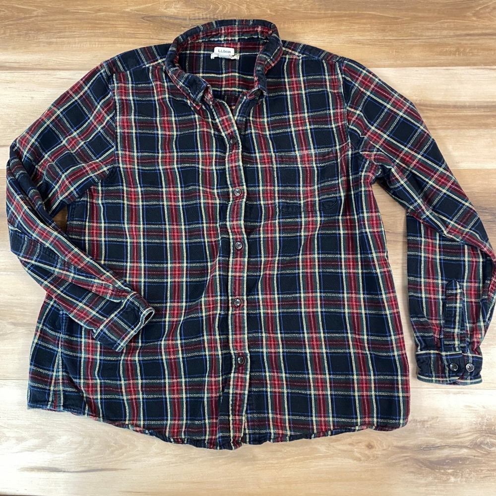 LL Bean Women XL Relaxed Fit Flannel Shirt Navy Red Plaid Cotton 273137